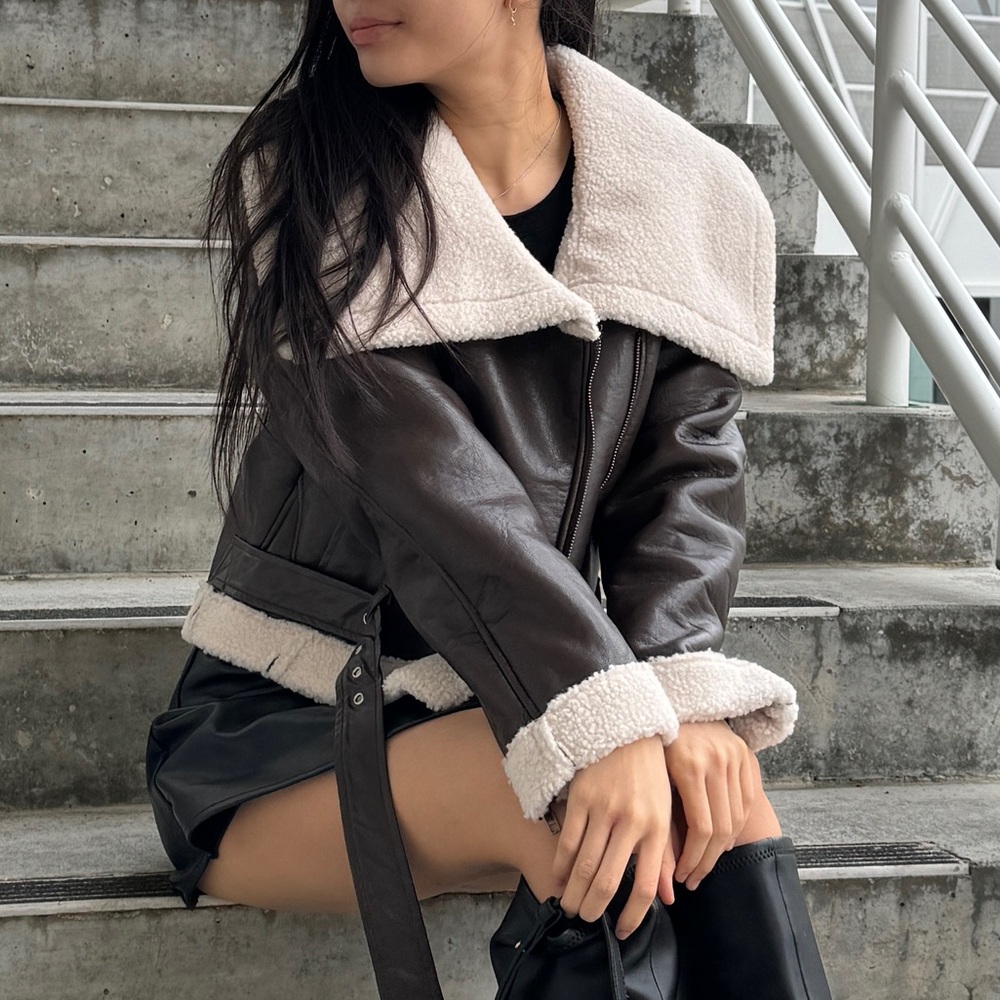 NEW Lulus Mountain Days Brown Shearling Moto Jacket
